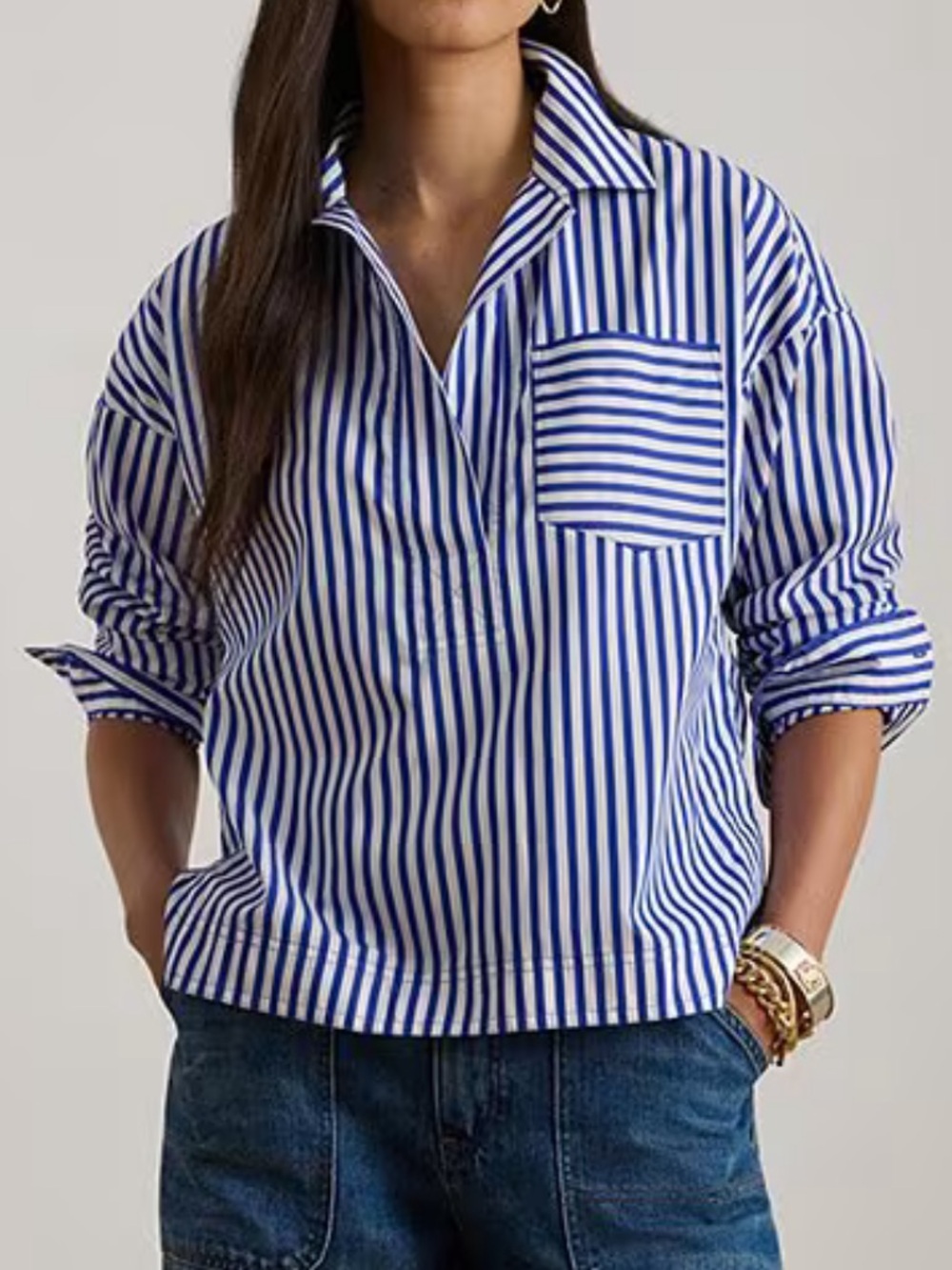 Lauren Ralph Lauren
Yarn-Dyed Cotton Broadcloth Stripe Spread Collar Boxy Shirt